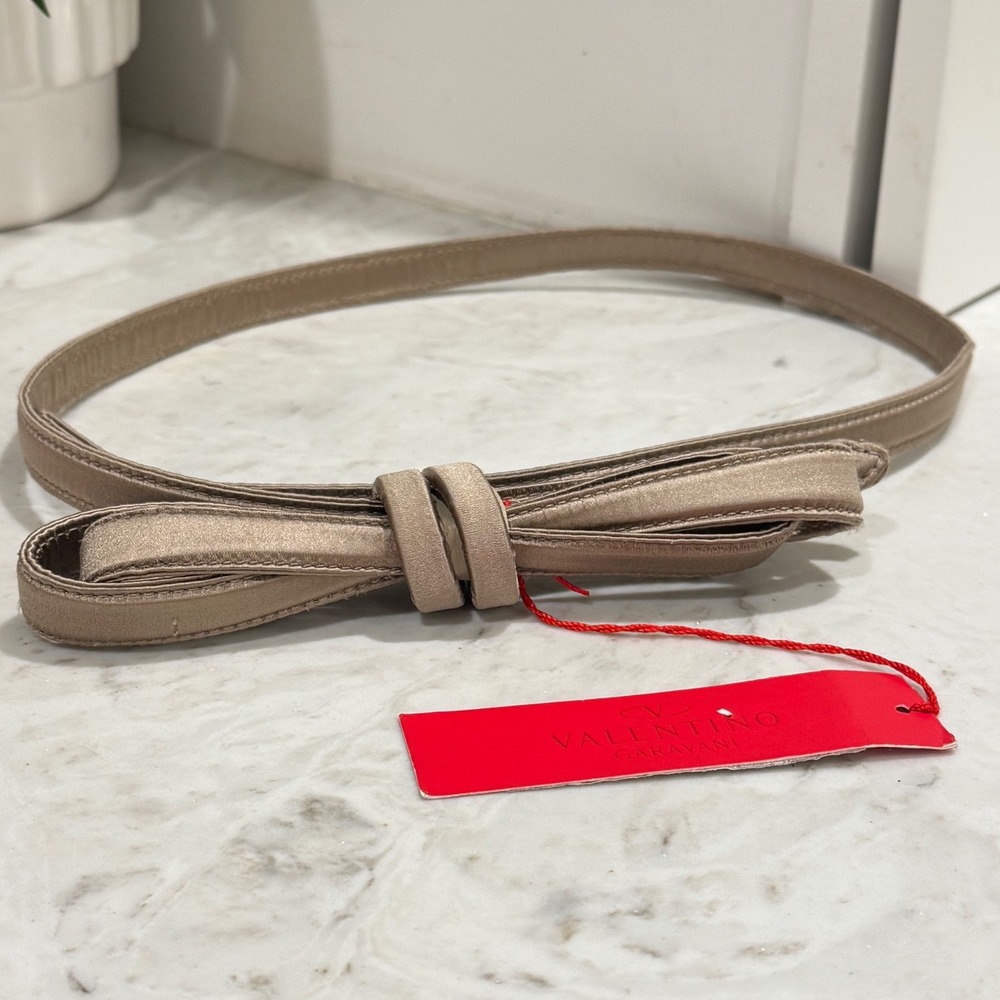 NEW Valentino Garavani Belt Womens Champagne Satin Bow Skinny Elegant Italy Flaw